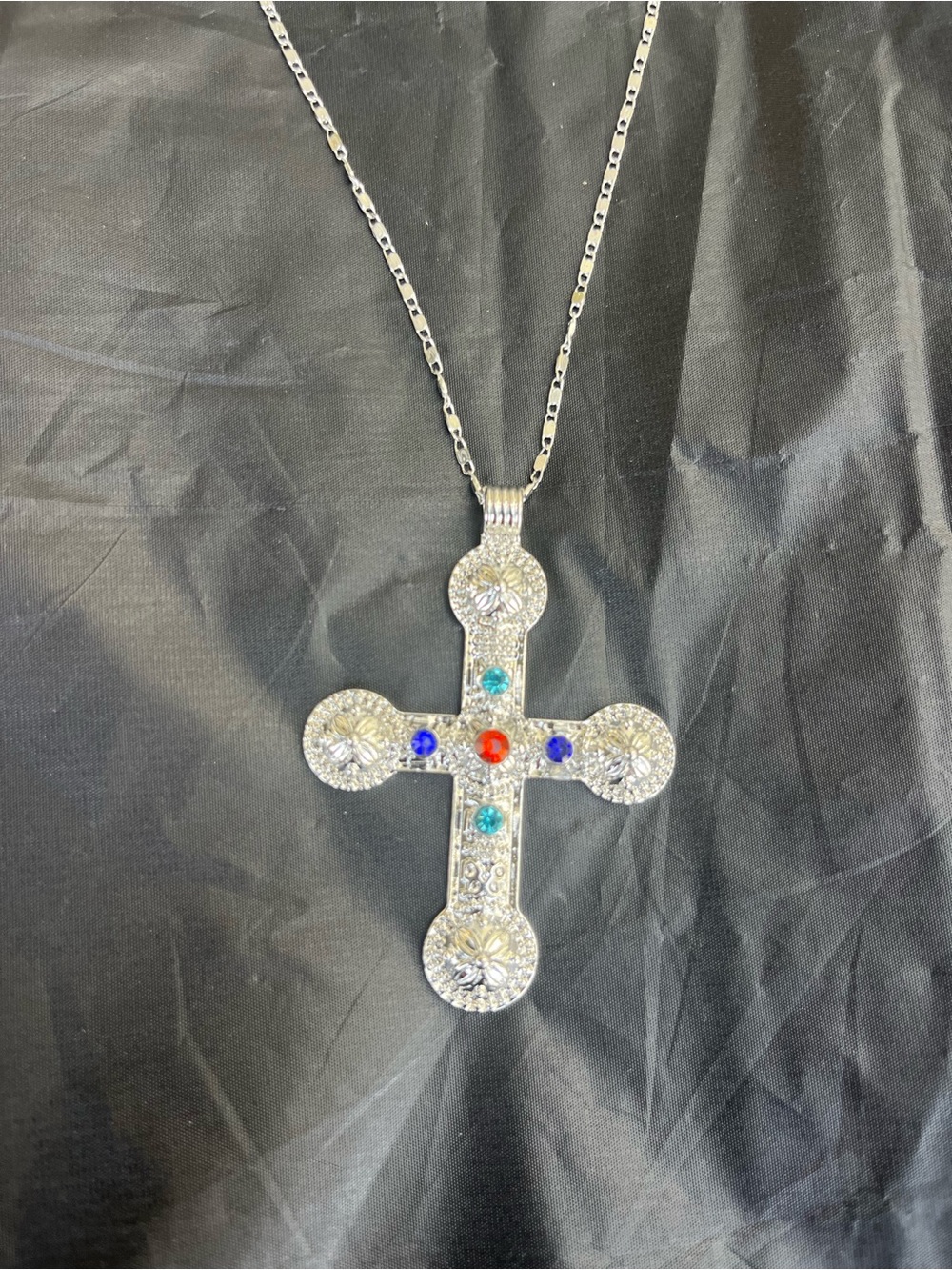 VINTAGE Silver tone Cross Pendant Necklace with Multicolor Gem Accents